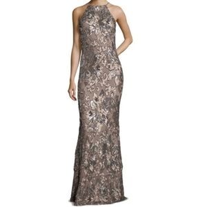 Betsy & Adam Sequin Halter Sheath Evening Gown in Taupe Sz. 2